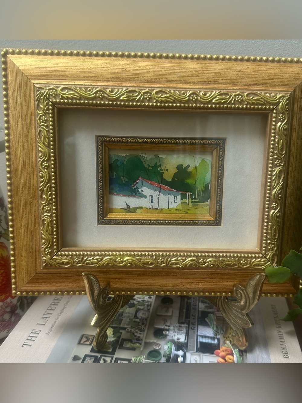 Watercolor picture of Cottage in ornate gold frame